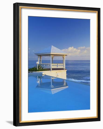 Gazebo Reflecting on Pool with Sea in Background, Long Island, Bahamas-Kent Foster-Framed Photographic Print