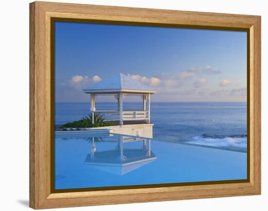 Gazebo Reflecting on Pool with Sea in Background, Long Island, Bahamas-Kent Foster-Framed Premier Image Canvas