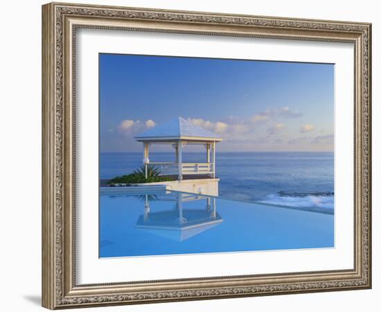 Gazebo Reflecting on Pool with Sea in Background, Long Island, Bahamas-Kent Foster-Framed Photographic Print