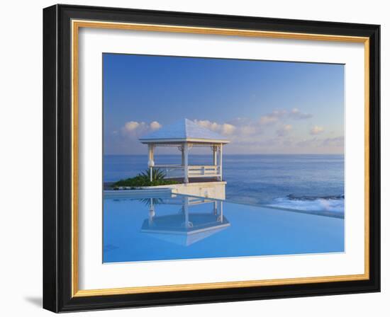 Gazebo Reflecting on Pool with Sea in Background, Long Island, Bahamas-Kent Foster-Framed Photographic Print