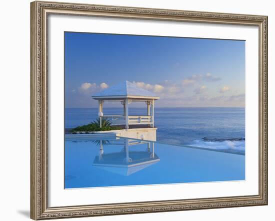 Gazebo Reflecting on Pool with Sea in Background, Long Island, Bahamas-Kent Foster-Framed Photographic Print