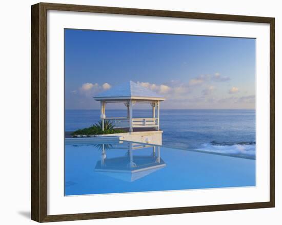 Gazebo Reflecting on Pool with Sea in Background, Long Island, Bahamas-Kent Foster-Framed Photographic Print