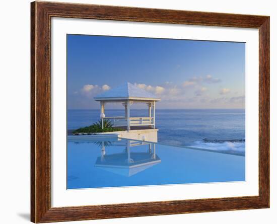 Gazebo Reflecting on Pool with Sea in Background, Long Island, Bahamas-Kent Foster-Framed Photographic Print