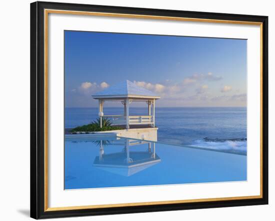 Gazebo Reflecting on Pool with Sea in Background, Long Island, Bahamas-Kent Foster-Framed Photographic Print