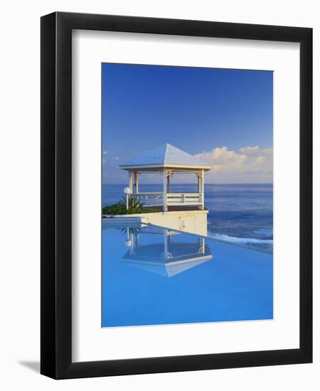 Gazebo Reflecting on Pool with Sea in Background, Long Island, Bahamas-Kent Foster-Framed Photographic Print