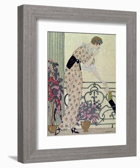 Gazette du Bon Ton, Costume, "N'en Dites Rien", a Lady Standing on a Balcony Receiving a Letter-Georges Barbier-Framed Giclee Print