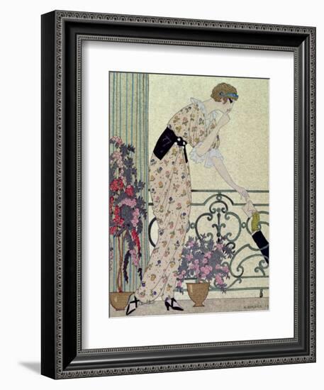 Gazette du Bon Ton, Costume, "N'en Dites Rien", a Lady Standing on a Balcony Receiving a Letter-Georges Barbier-Framed Giclee Print