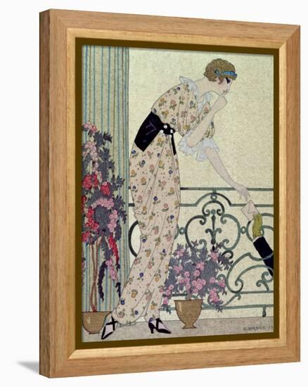 Gazette du Bon Ton, Costume, "N'en Dites Rien", a Lady Standing on a Balcony Receiving a Letter-Georges Barbier-Framed Premier Image Canvas