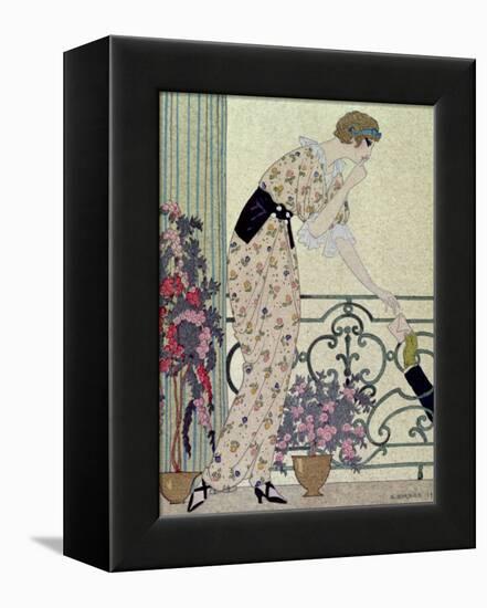 Gazette du Bon Ton, Costume, "N'en Dites Rien", a Lady Standing on a Balcony Receiving a Letter-Georges Barbier-Framed Premier Image Canvas