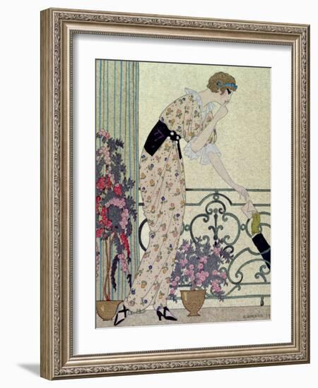 Gazette du Bon Ton, Costume, "N'en Dites Rien", a Lady Standing on a Balcony Receiving a Letter-Georges Barbier-Framed Premium Giclee Print