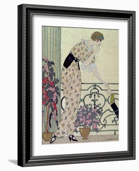 Gazette du Bon Ton, Costume, "N'en Dites Rien", a Lady Standing on a Balcony Receiving a Letter-Georges Barbier-Framed Premium Giclee Print