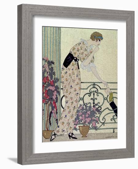 Gazette du Bon Ton, Costume, "N'en Dites Rien", a Lady Standing on a Balcony Receiving a Letter-Georges Barbier-Framed Giclee Print