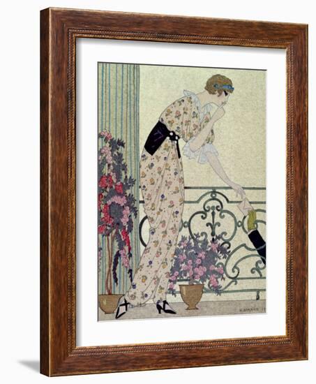 Gazette du Bon Ton, Costume, "N'en Dites Rien", a Lady Standing on a Balcony Receiving a Letter-Georges Barbier-Framed Giclee Print