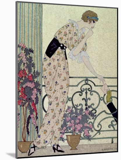 Gazette du Bon Ton, Costume, "N'en Dites Rien", a Lady Standing on a Balcony Receiving a Letter-Georges Barbier-Mounted Giclee Print