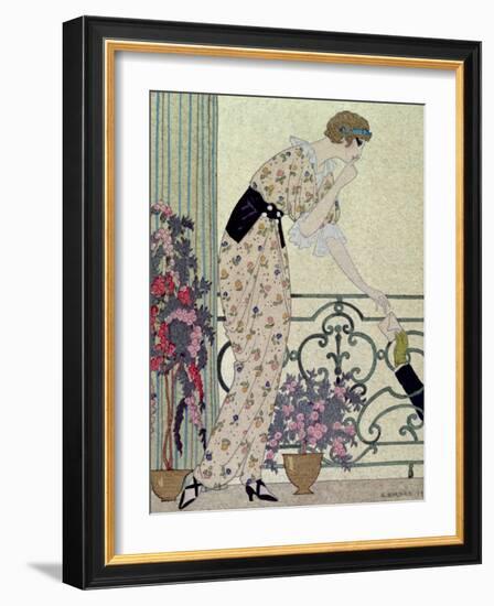 Gazette du Bon Ton, Costume, "N'en Dites Rien", a Lady Standing on a Balcony Receiving a Letter-Georges Barbier-Framed Giclee Print