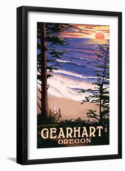 Gearhart, Oregon - Sunset and Surfers-Lantern Press-Framed Art Print