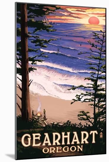 Gearhart, Oregon - Sunset and Surfers-Lantern Press-Mounted Art Print