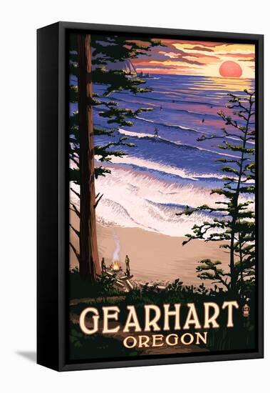 Gearhart, Oregon - Sunset and Surfers-Lantern Press-Framed Stretched Canvas