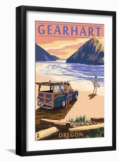 Gearhart, Oregon - Woody on Beach-Lantern Press-Framed Art Print