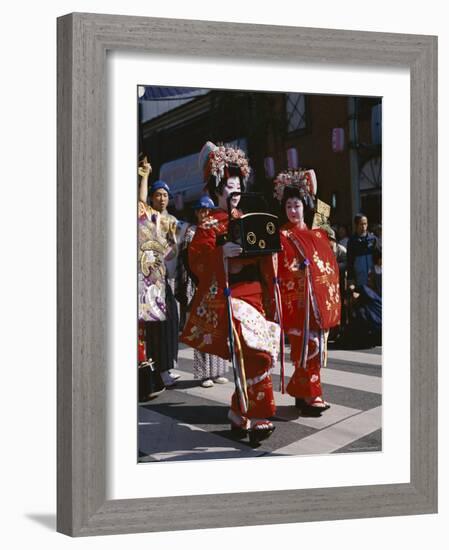 Geisha Parade, Geishas Dressed in Traditional Costume, Kimono, Kyoto, Honshu, Japan-null-Framed Photographic Print