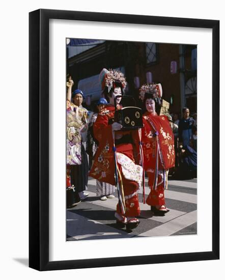 Geisha Parade, Geishas Dressed in Traditional Costume, Kimono, Kyoto, Honshu, Japan-null-Framed Photographic Print