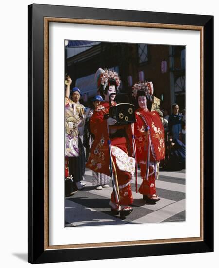 Geisha Parade, Geishas Dressed in Traditional Costume, Kimono, Kyoto, Honshu, Japan-null-Framed Photographic Print