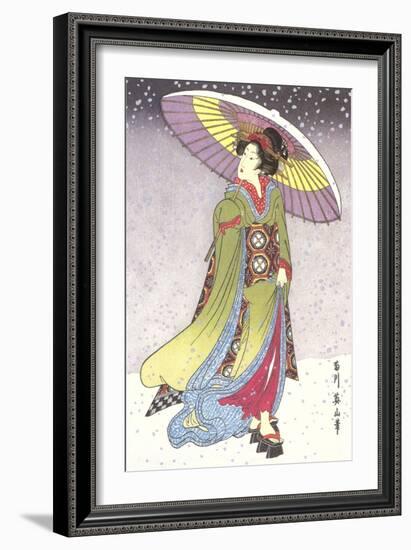Geisha with Umbrella in Snow-null-Framed Art Print