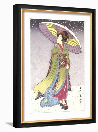 Geisha with Umbrella in Snow-null-Framed Art Print