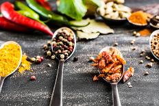 Spoons with Different Spices and Vegetables on a Black Table-GekaSkr-Framed Photographic Print