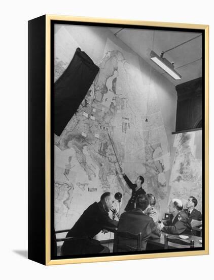 Gen. Eaken in Briefing Session by Intelligence Officer Lt. Parton, Uses Pointer on Huge Map-Margaret Bourke-White-Framed Premier Image Canvas