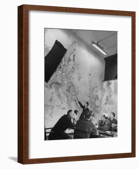 Gen. Eaken in Briefing Session by Intelligence Officer Lt. Parton, Uses Pointer on Huge Map-Margaret Bourke-White-Framed Premium Photographic Print