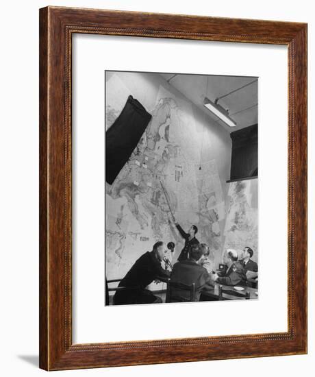 Gen. Eaken in Briefing Session by Intelligence Officer Lt. Parton, Uses Pointer on Huge Map-Margaret Bourke-White-Framed Premium Photographic Print