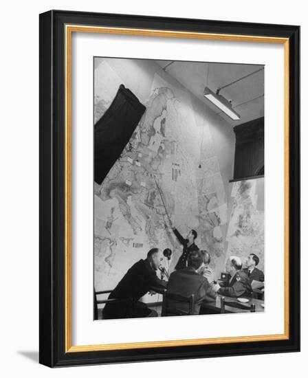 Gen. Eaken in Briefing Session by Intelligence Officer Lt. Parton, Uses Pointer on Huge Map-Margaret Bourke-White-Framed Premium Photographic Print