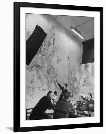 Gen. Eaken in Briefing Session by Intelligence Officer Lt. Parton, Uses Pointer on Huge Map-Margaret Bourke-White-Framed Premium Photographic Print