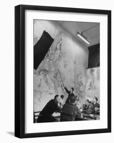 Gen. Eaken in Briefing Session by Intelligence Officer Lt. Parton, Uses Pointer on Huge Map-Margaret Bourke-White-Framed Photographic Print