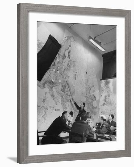 Gen. Eaken in Briefing Session by Intelligence Officer Lt. Parton, Uses Pointer on Huge Map-Margaret Bourke-White-Framed Photographic Print