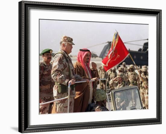 Gen. H. Norman Schwarzkopf with Saudi Arabian King Fahd Reviewing Troops-null-Framed Photographic Print