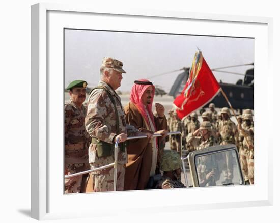 Gen. H. Norman Schwarzkopf with Saudi Arabian King Fahd Reviewing Troops-null-Framed Photographic Print