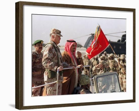 Gen. H. Norman Schwarzkopf with Saudi Arabian King Fahd Reviewing Troops-null-Framed Photographic Print