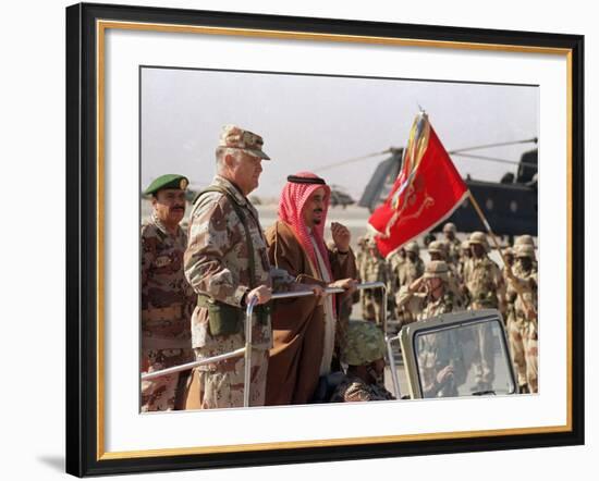 Gen. H. Norman Schwarzkopf with Saudi Arabian King Fahd Reviewing Troops-null-Framed Photographic Print