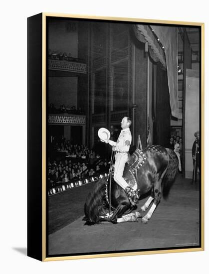 Gene Autry Astride His Famous Horse Champion on Bent Front Knees, Touching Head to Floor, on Stage-Thomas D^ Mcavoy-Framed Premier Image Canvas