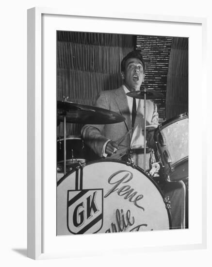 Gene Krupa, American Drummer and Jazz Band Leader, Playing Drums at the Club Hato on the Ginza-Margaret Bourke-White-Framed Premium Photographic Print