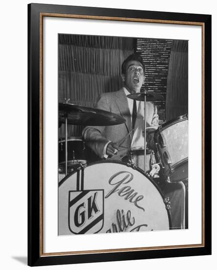 Gene Krupa, American Drummer and Jazz Band Leader, Playing Drums at the Club Hato on the Ginza-Margaret Bourke-White-Framed Premium Photographic Print
