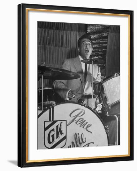 Gene Krupa, American Drummer and Jazz Band Leader, Playing Drums at the Club Hato on the Ginza-Margaret Bourke-White-Framed Premium Photographic Print