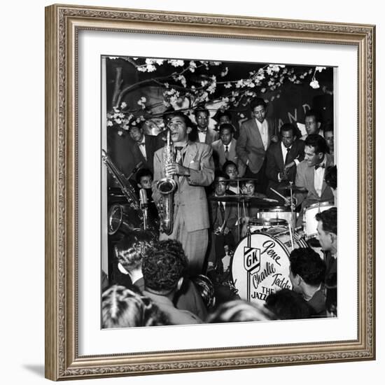 Gene Krupa, American Drummer and Jazz Band Leader, Playing Drums with Saxophonist Charles Ventura-Margaret Bourke-White-Framed Premium Photographic Print