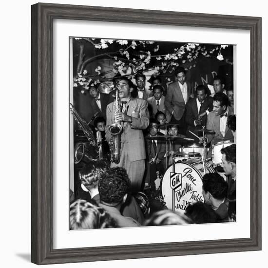 Gene Krupa, American Drummer and Jazz Band Leader, Playing Drums with Saxophonist Charles Ventura-Margaret Bourke-White-Framed Premium Photographic Print