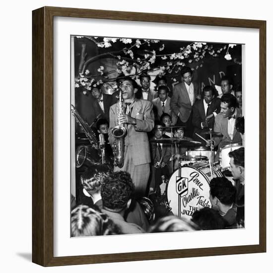 Gene Krupa, American Drummer and Jazz Band Leader, Playing Drums with Saxophonist Charles Ventura-Margaret Bourke-White-Framed Premium Photographic Print