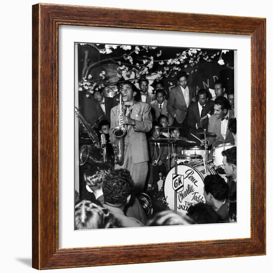 Gene Krupa, American Drummer and Jazz Band Leader, Playing Drums with Saxophonist Charles Ventura-Margaret Bourke-White-Framed Premium Photographic Print
