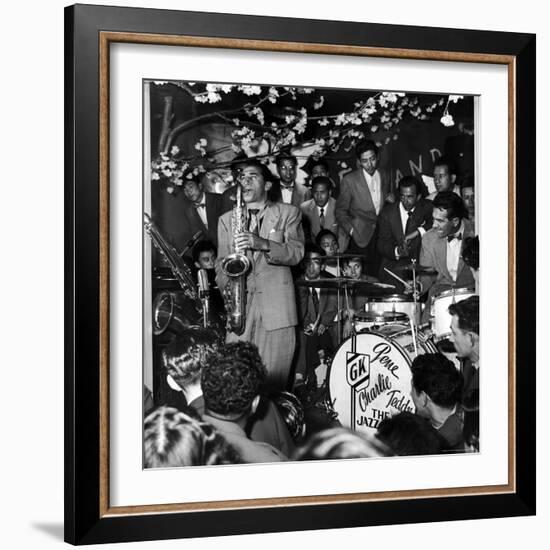 Gene Krupa, American Drummer and Jazz Band Leader, Playing Drums with Saxophonist Charles Ventura-Margaret Bourke-White-Framed Premium Photographic Print