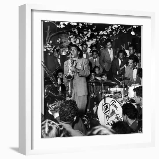 Gene Krupa, American Drummer and Jazz Band Leader, Playing Drums with Saxophonist Charles Ventura-Margaret Bourke-White-Framed Premium Photographic Print